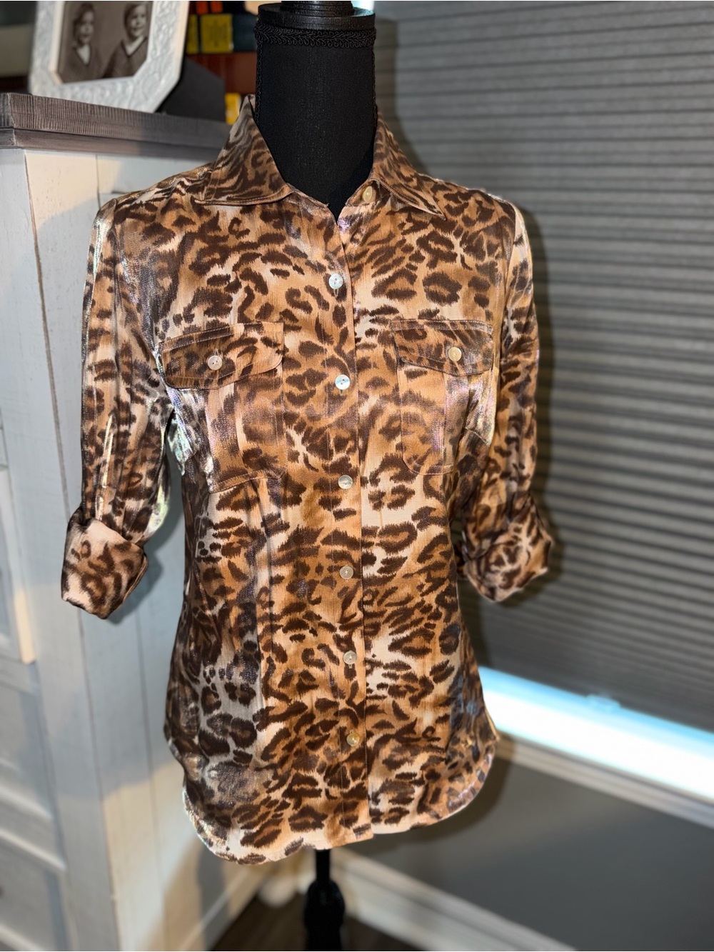 Ruby Rd. Brown Leopard Print Button-Down Shirt size 6P
